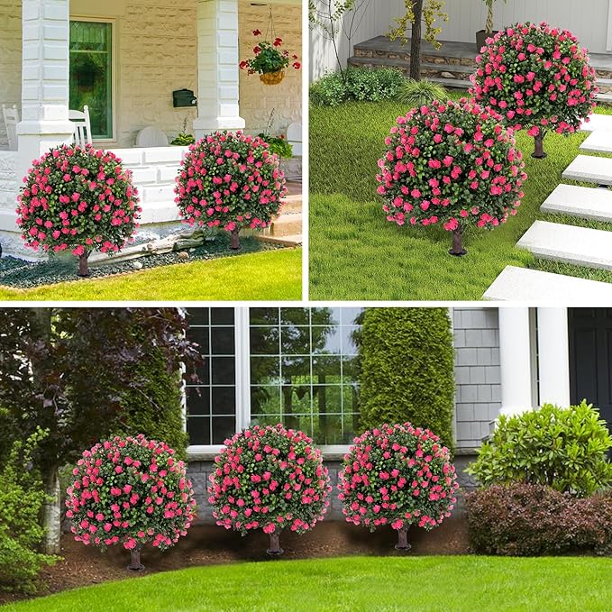 Artificial Pink camellia Topiary Ball Tree 25" with Ground Spike, Set of 2 Artificial Boxwood Bushes for Faux Shrubs, Fake Evergreen Faux Plant for Indoor Outdoor Garden -UV Resistant–Fade-Proof-VerdiqueGarden