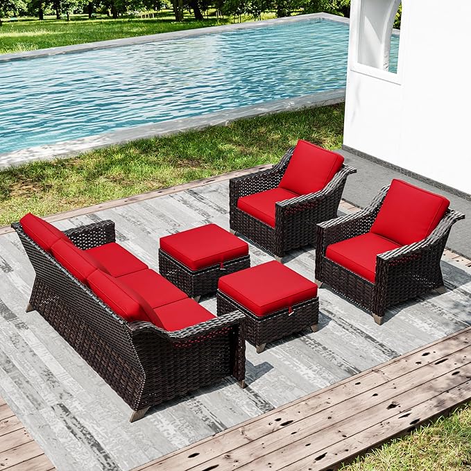 Joyside Wicker Patio Furniture Sets, 5 Pieces Upgraded Large Size Outdoor Furniture with Patio Dining Chairs, 3-Seat Sofa and Outdoor Ottoman, Thick Cushions, Wide Armrest-VerdiqueGarden