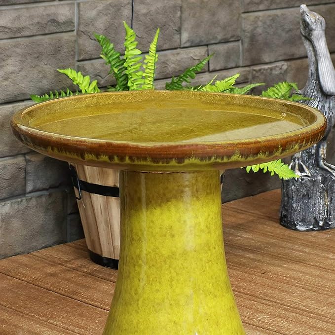 Sunnydaze 21" H Ceramic Bird Bath for Outside - Hand-Painted Outdoor Bird Bath Bowl, UV/Frost-Resistant Finish - Cognac Yellow - Ribbed Pedestal-VerdiqueGarden