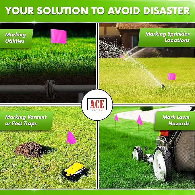 Fluorescent Pink Marking Flags, 100 Pack - 4x5-Inch Marker Flags - 15-Inch Wire - for Lawn, Irrigation, Dog Training, Landscape, Survey-VerdiqueGarden