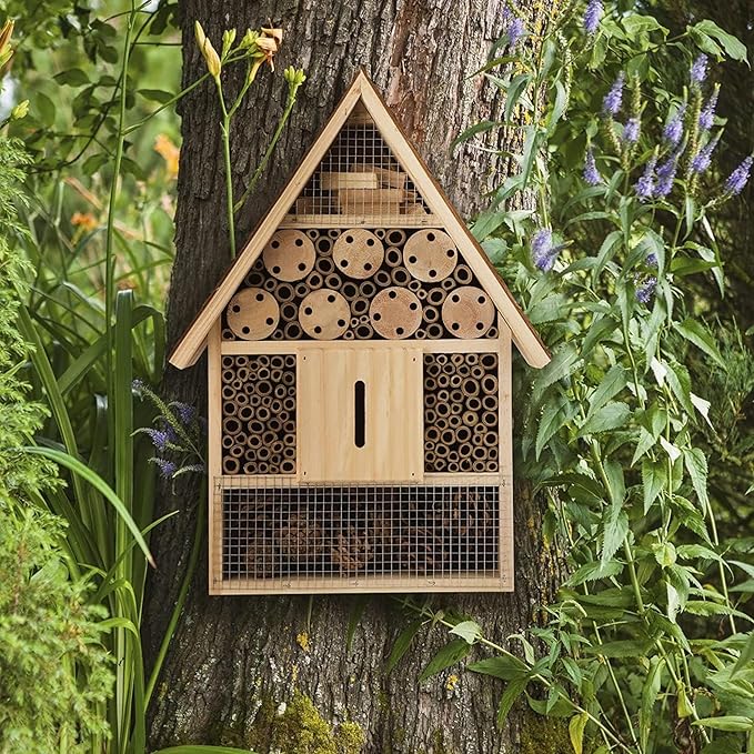 I Large Insect Hotel with bark roof Natural, Weatherproof, Insect House Made of Natural Wood for Bees, Ladybugs, lacewings, Butterflies, bee Hotel, Nesting aid for Hanging-VerdiqueGarden