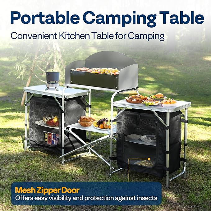 VIVOHOME Folding Camping Kitchen Station Table with Storage Organizer, 2 Side Tables, Stainless Steel Windscreen, Outdoor Portable Cook Station for BBQ, Picnics-VerdiqueGarden