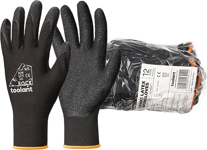 toolant Crinkle Latex Work Gloves Bulk, Rubber Coated Safety Work Gloves for Men and Women, 120 Pairs for Construction, Gardening, Warehouse (Black, Medium)-VerdiqueGarden