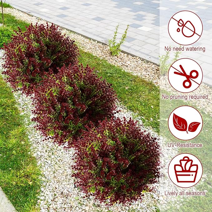 Yunlly 2 Pcs 18 Inch Artificial Boxwood Ball Topiary Tree Fake Outdoor Plants Bush, UV Resistance Faux Shrub with Spike Realistic Greenery Potted for Indoor Garden Yard Porch Patio Decor (Purple Red)-VerdiqueGarden