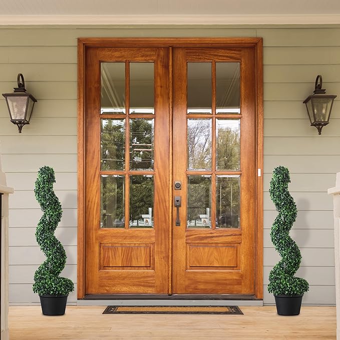 39 inchBoxwood Artificial Cedar Spiral Topiary Trees – Decorative Fake Greenery in Planter Pots for Front Porch, Outdoor Walkway, Entryway Decorating, Set of 2-VerdiqueGarden