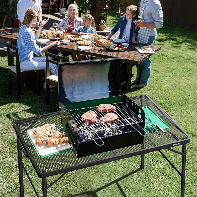 VILLEY Grill Table, 3ft Folding Camping Table with Aluminum Adjustable Legs, Portable Lightweight Camp Table for Beach Picnics and Outdoor Cooking-VerdiqueGarden