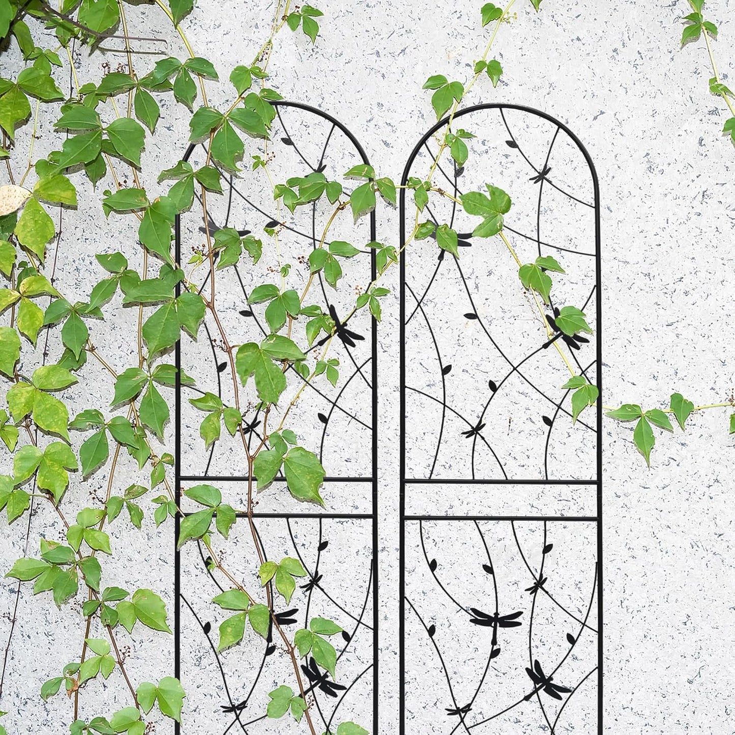 4 Pack Metal Garden Trellis 86.7" Tall Outdoor Climbing Plant Support for Roses, Flowers, Rustproof Durable Black Galvanized Tube, Lawn Garden Fence Decor Screen (4, Black dragonflies-86.7" H)-VerdiqueGarden