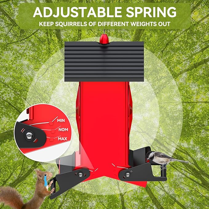 Squirrel Proof Bird Feeder for Outdoors Hanging, Metal Wild Bird Seed Feeder with Bilateral Weight-Activated Perches, 5LB Large Capacity Wild Bird Feeders for Outside Finch, Cardinal, Blue Jay-VerdiqueGarden
