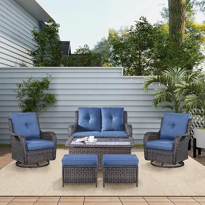 Wicker Outdoor Furniture Patio Furniture Set - 6 Piece Patio Conversation Set with Swivel Rocker Chairs, Loveseat Sofa, Ottomans and Coffee Table, Blue Cushion-VerdiqueGarden