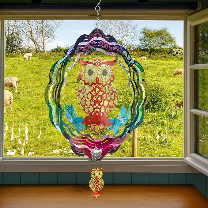 TUOKING Owl Wind Spinners Outdoor Metal 3D Hanging Art Wind Spinner 12 Inch Stainless Steel for Yard and Garden Decoration Worth Gift for Women-VerdiqueGarden