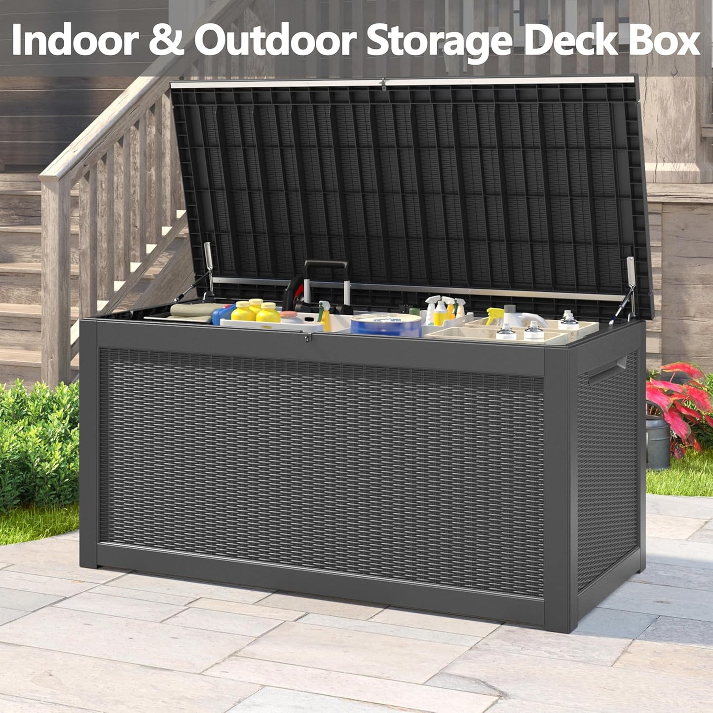 260 Gallon Resin Deck Box, Large Indoor and Outdoor Storage Box, Weatherproof and UV Resistant Outdoor Storage Box with Built-in Steel Beams for Patio Cushions, Pool Supplies-VerdiqueGarden