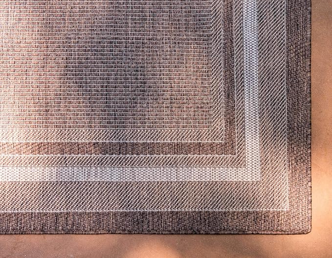Unique Loom Outdoor Border Collection Area Rug - Soft Border (2'x 6' 1" Runner, Brown/ Ivory)-VerdiqueGarden