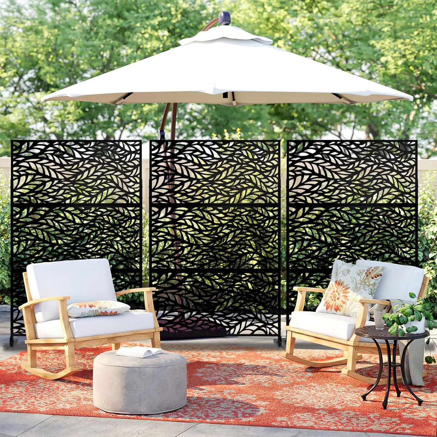 Metal Privacy Screen Outdoor 72" H×47" W,Freestanding Decorative Privacy Screen for Balcony Yard&Garden,Privacy Fence-Black&Leaves-VerdiqueGarden