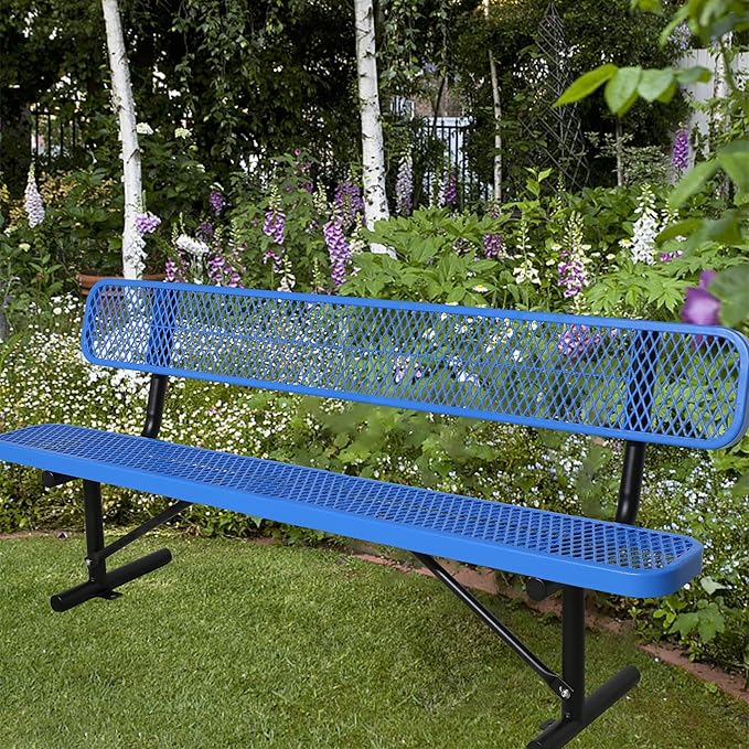 8FT Heavy Duty Park Bench with Back Portable Frame, Outdoor Steel Bench with Backrest, Outdoor Park Bench Expanded Metal Mesh Bench for Lawn, Park, Deck, Garden, Patio, Porch, Black (Blue, 8FT)-VerdiqueGarden