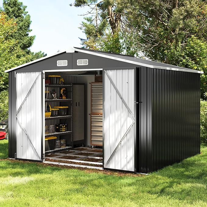 Aoxun 9.4x7.3x6.5 FT Outdoor Storage Shed with Base Outdoor Metal Shed for Tool, Garden, Bike, Placed in Patio, Garden Base Included (Black)-VerdiqueGarden