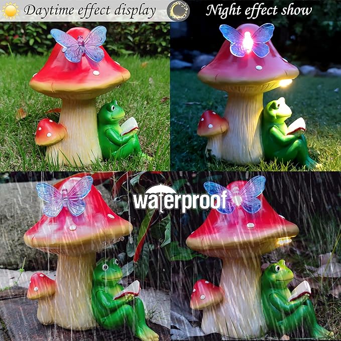 Solar Frog Mushroom Garden Statues,Resin Frog Mushroom Reading a Book Figurine with LED Solar Lights, Lawn Decor Outdoor Statue for Patio,Balcony,Yard,Lawn Ornament-VerdiqueGarden