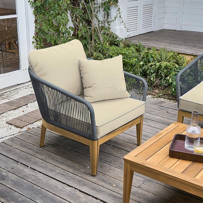 LVTXIII Outdoor Deep Seat Cushion Patio Seat and Back Cushion Set Seasonal Chair Cushion with Removable Cover and Adjustable Buckle for Home and Garden, 24"x24"x4", Strip Beige-VerdiqueGarden