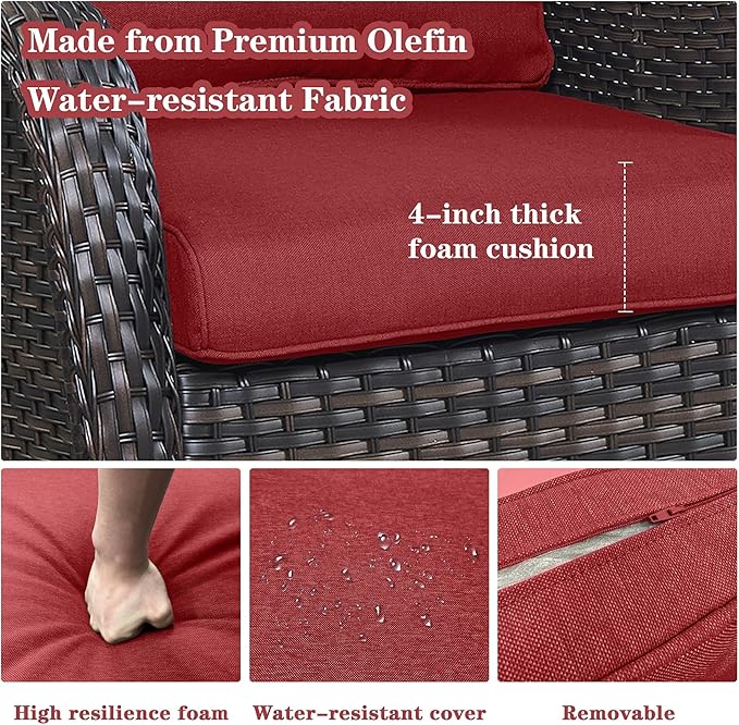 Outdoor Swivel Rocker Patio Chairs - 3 Piece Outdoor Bistro Set Wicker Patio Rocking Chairs Set of 2 with Side Table, 360 Degree Swivel Glider Seating for Porch Balcony Deck Brown/Red-VerdiqueGarden