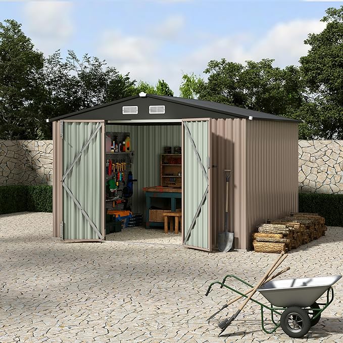 8x10 FT Metal Storage Sheds Outdoor, Metal Yard Sheds Garden Shed Kit, Tool Shed with Lockable Door, Utility Sheds Buildings with Air Vent for Backyard Garden Patio Lawn-VerdiqueGarden