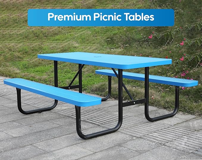 6FT Metal Picnic Tables for Outdoors, Commercial Rectangular Picnic Table and Bench Set for Outside, Patio, Garden, Backyard, Porch, Surface Mount, Blue-VerdiqueGarden