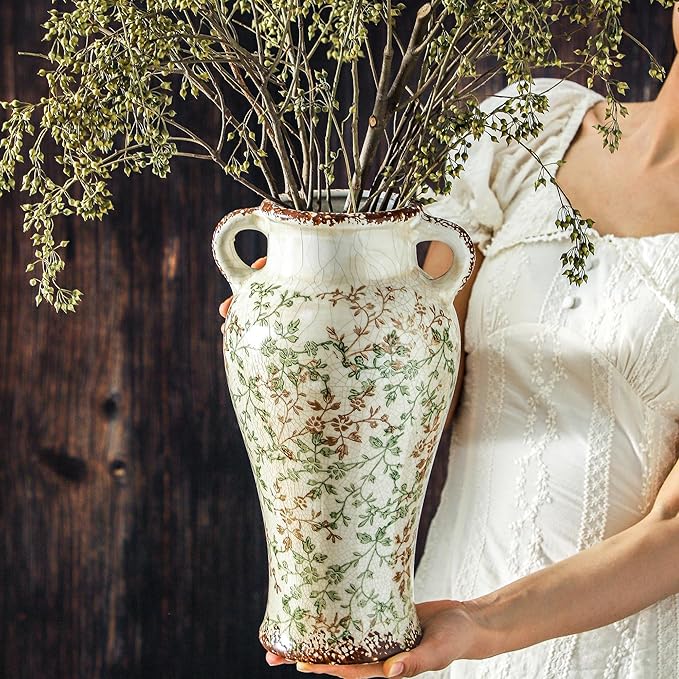 Enra Farmhouse Vintage vase with Handle,12.6 in Ceramic Chinoiserie Floral Vase,Green and Beige Decorative Flower vase,Large Rustic Vases for Home Decors, Living Room, Bookshelf, Office-VerdiqueGarden