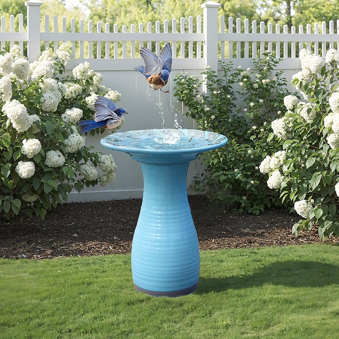 LuxenHome 20 Inch Ceramic Bird Bath for Outside, Elegant Tall Outdoor Bird Bath, Lightweight Pedestal Glazed Birdbaths for Outdoors with Leaf Pattern, Sky Blue-VerdiqueGarden
