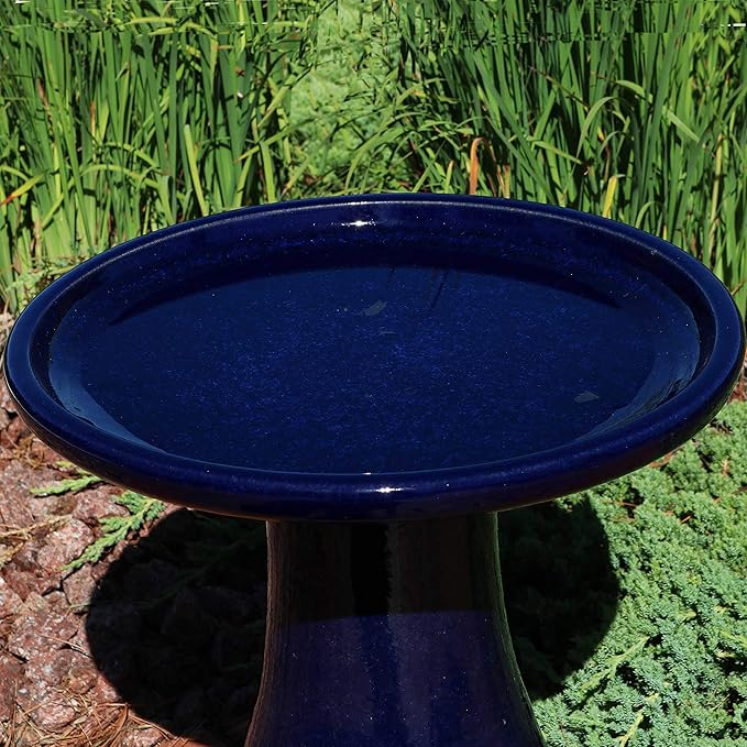 Sunnydaze 21" H Ceramic Bird Bath for Outside - Hand-Painted Outdoor Bird Bath Bowl, UV/Frost-Resistant Finish - Dark Blue - Cut Out Pedestal-VerdiqueGarden