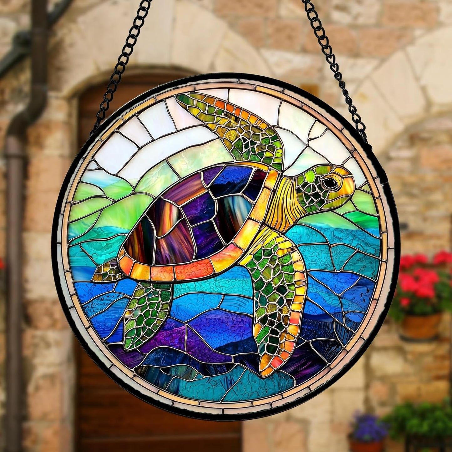 Stained Glass Window Hanging, Colored Turtle Ocean Suncatcher Diamond Glass Panel Hangings Marine Life Sun Catchers Decor for Birthday for Women, Men, Wife, Aunt, Mom 9.8 in-VerdiqueGarden