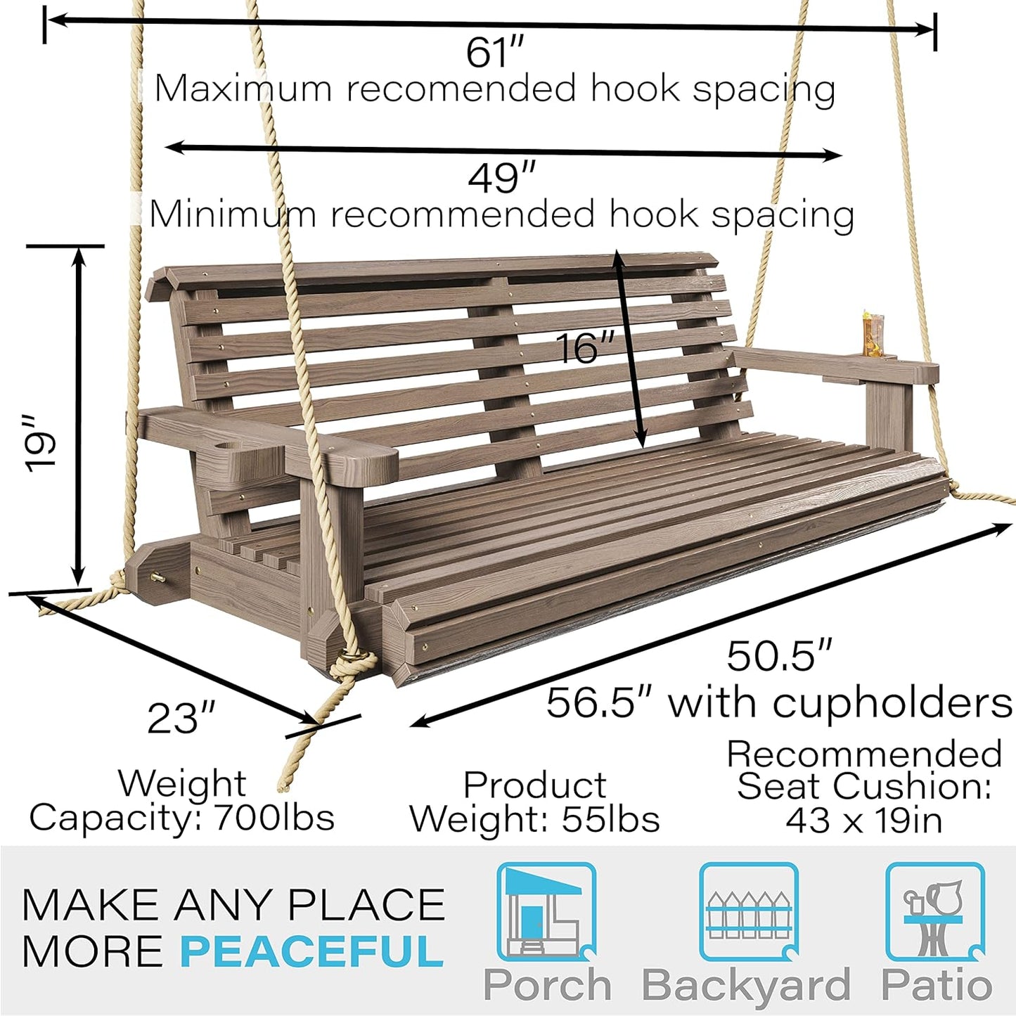 Porchgate Amish Heavy Duty 800 Lb Roll Comfort Treated Porch Swing W/Ropes (4 Foot, Warm Walnut Stain)-VerdiqueGarden