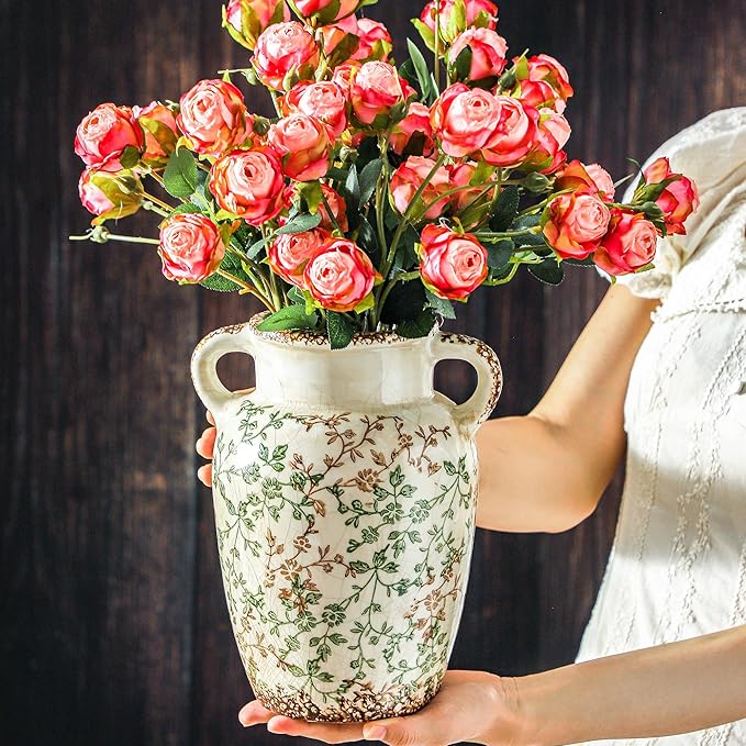 Enra Farmhouse Vintage vase with Handle,9.4 in Ceramic Chinoiserie Floral Vase,Green and Beige Decorative Flower vase,Large Rustic Vases for Home Decors, Living Room, Bookshelf, Office-VerdiqueGarden