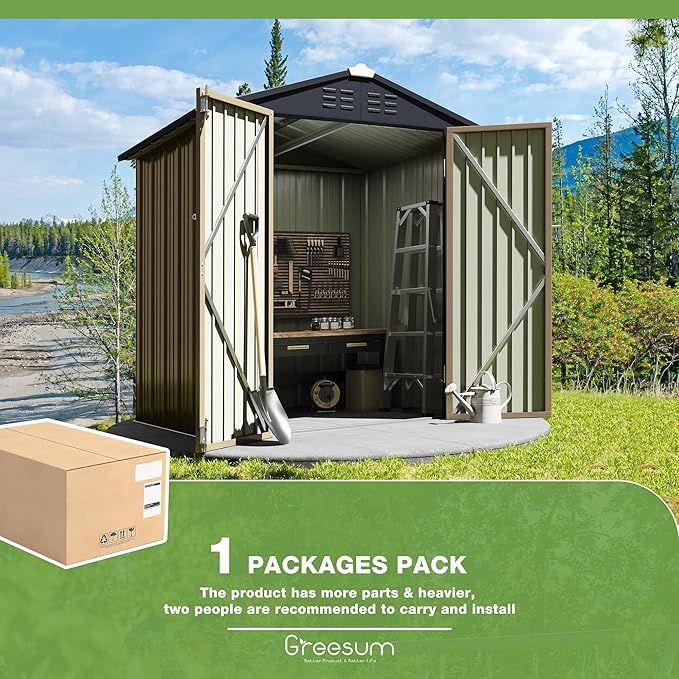 Greesum Outdoor Storage Shed 6 x 4 ft. Utility Tool Shed Metal Storage Garden Shed with Door & Lock for Patio Storage, Brown-VerdiqueGarden