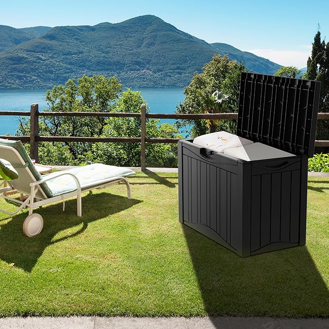 45 Gallon Outdoor Storage Box Waterproof Lockable Resin Deck Box Large, Patio Storage Bin for Pool Accessories Cushion Furniture, Garden Tools, UV-Resistant Outside Delivery Black-VerdiqueGarden