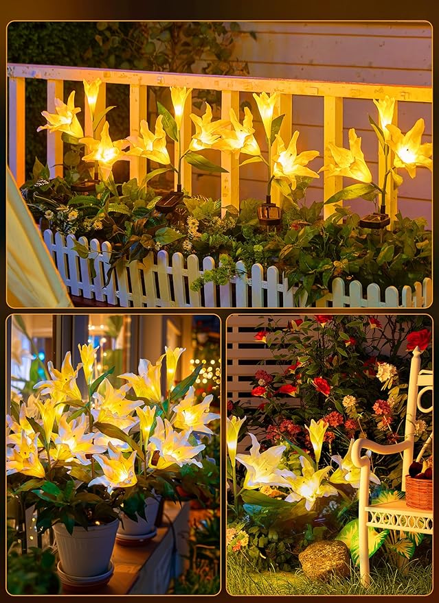 Brightown Outdoor Solar Garden Lights - 4 Pack LED Flower Lights with Larger Lily, Bigger Solar Panel, Waterproof for Outside Yard Patio Garden Decorations, White-VerdiqueGarden