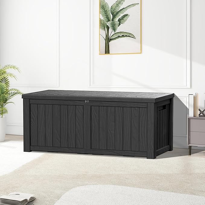 Extra-Large 150 Gallon Outdoor Chest Storage Waterproof - Outside Storage Box & Bench, Resin Deck Chest for Patio/Pool, Lockable UV-Resistant, Onyx Black-VerdiqueGarden
