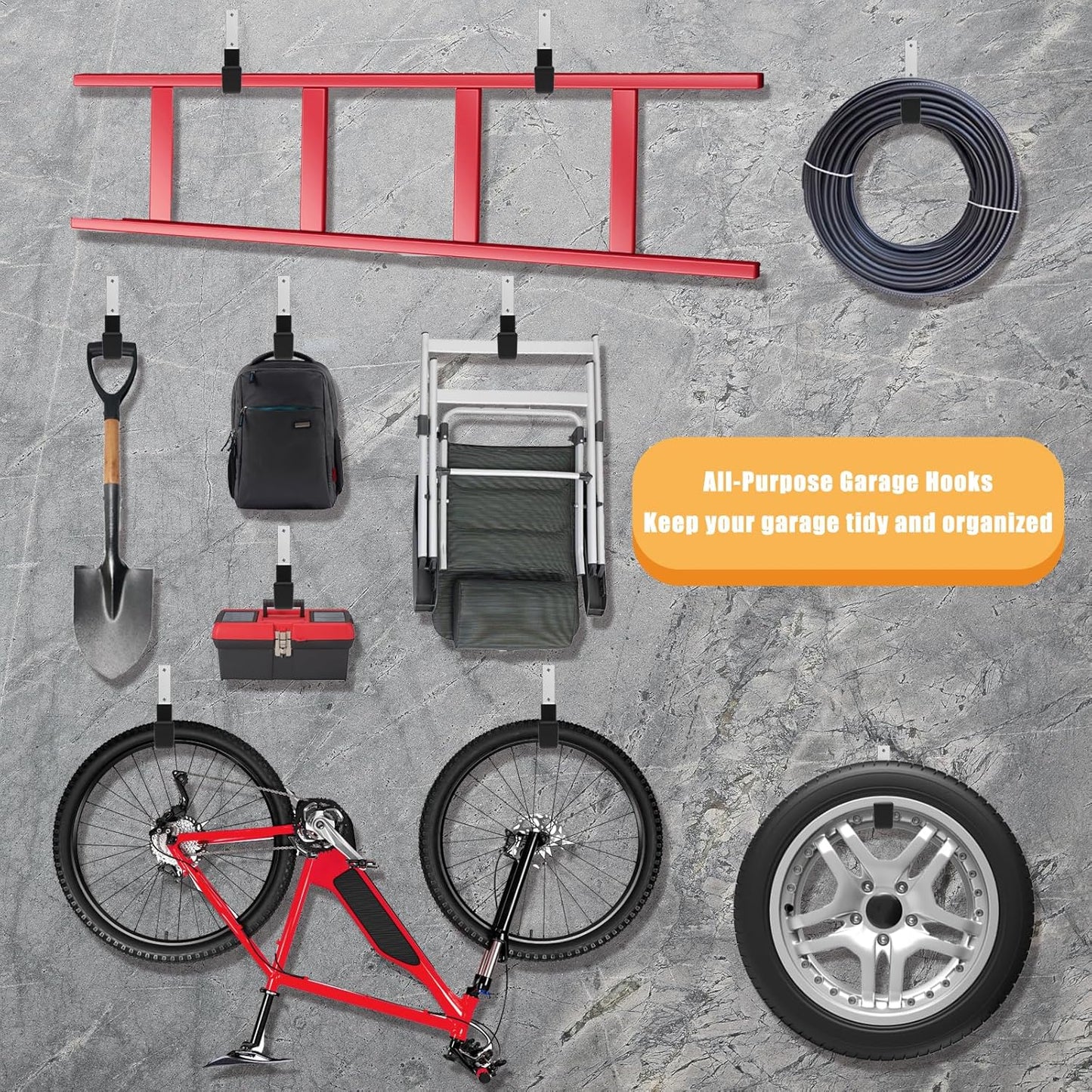 Heavy Duty Utility Hooks - Wall Mount, Hooks for Garage, Hose, Bike, Ladder, Leaf Blower Hanger (6 Medium)-VerdiqueGarden