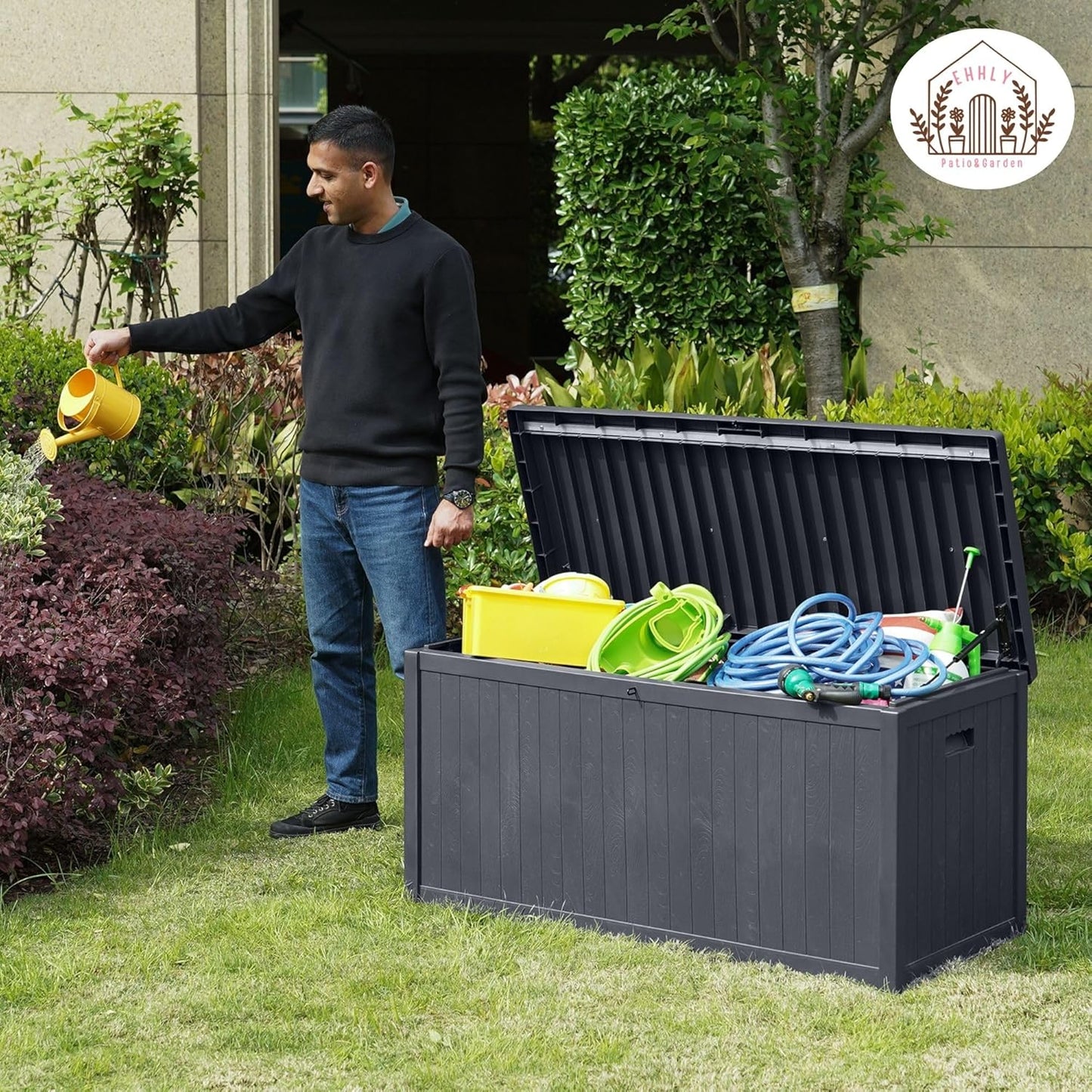 120 Gallon Outdoor Storage Box Large, Lockable Outside Containers Waterproof Patio Cushions Storage Deck Boxes, Plastic Garden Hose Boxes Resin Pool Storage Bins, Grey-VerdiqueGarden