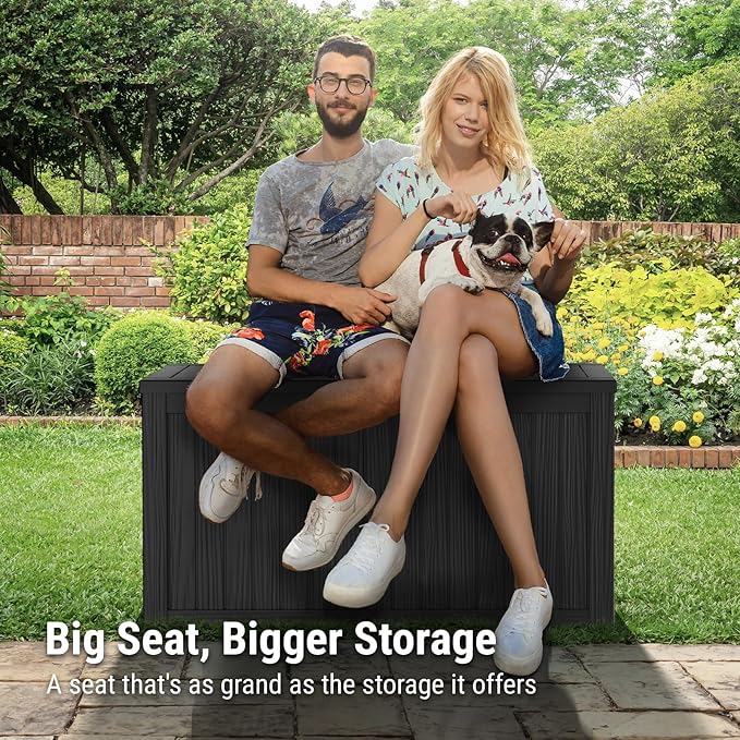 Mars Villa 150 Gallon Outdoor Storage Box Waterproof, Large Resin Deck Box for Outdoor Patio Furniture Cushions, Pool Supplies, Garden Tools, with Hydraulic Hinge, UV-Resistant and Weatherproof, Black-VerdiqueGarden