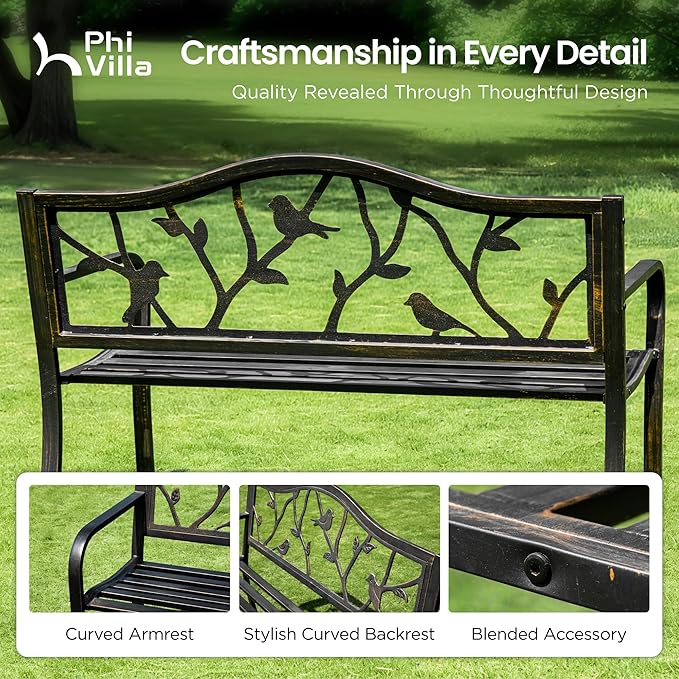 PHI VILLA Outdoor Garden Park Bench Patio 50" Metal Bench, Steel Frame Bench with Backrest and Armrests for Porch, Lawn, Balcony, Backyard and Indoor, Bronze-VerdiqueGarden
