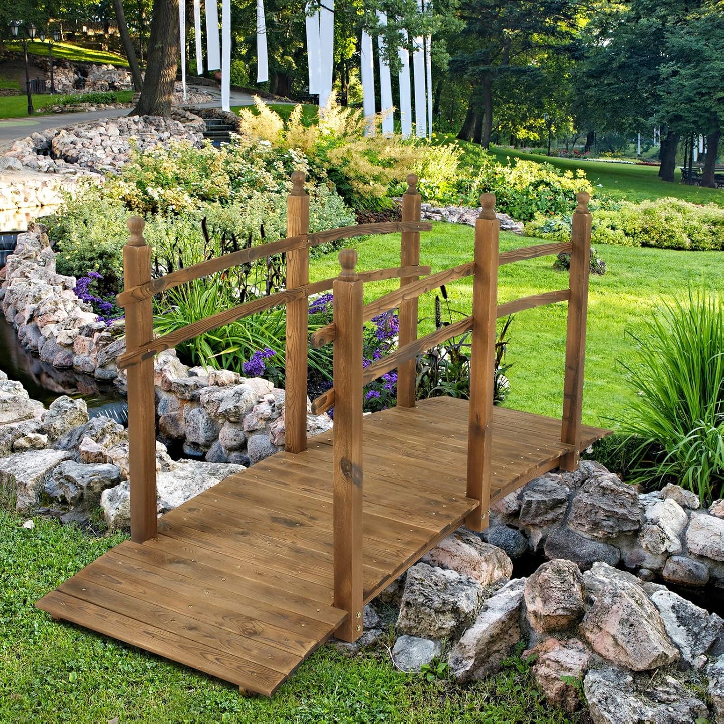 VINGLI 7.5 ft Garden Bridge, Arch Walkway Wooden Bridge with Safety Rails Stained Finished, Decorative Landscaping Footbridge for Koi Pond, Dry Creek Bed, Garden Pathway or Rustic Wedding Decor-VerdiqueGarden