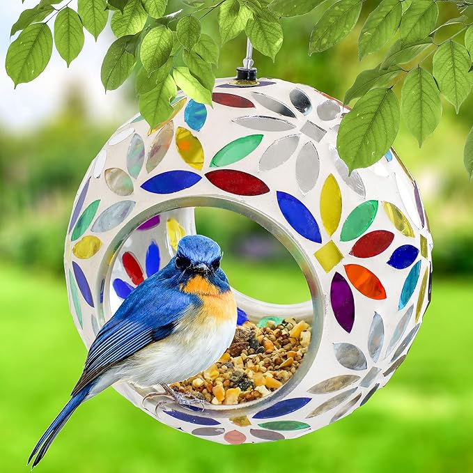 Sunnydaze 6-Inch Glass Mosaic Hanging Bird Feeder for Outdoors - Fly-Through Wild Bird Feeder - Rainbow Daisies-VerdiqueGarden