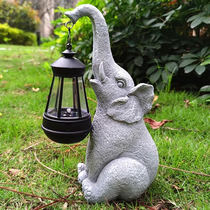 Elephant Solar Garden Statues,Resin Elephant Figurine Decorations with Solar Lights Lantern, Outdoor Elephant Decor Art for Lawn,Yard, Unique Housewarming Gift for Garden Home, VY-0617-VerdiqueGarden