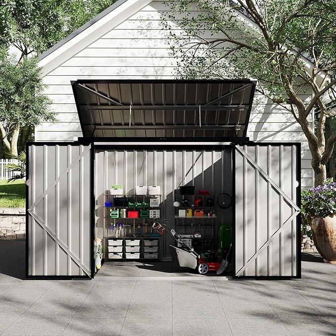 2 Trash Cans Metal Outdoor Storage, 3x6 FT Garbage Bin Storage Shed with Chain Lid, Garbage Can Metal Sheds for Garden, Backyard, Lawn and Patio-VerdiqueGarden