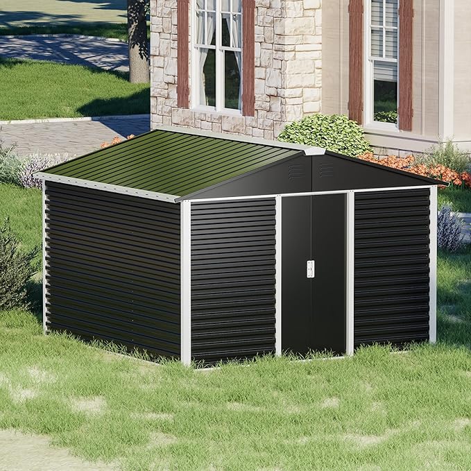 Metal Outdoor Storage Shed 10FT x 10FT, Steel Utility Tool Shed Storage House with Sliding Door, Metal Sheds Outdoor Storage for Backyard Garden Patio Lawn, Black-VerdiqueGarden