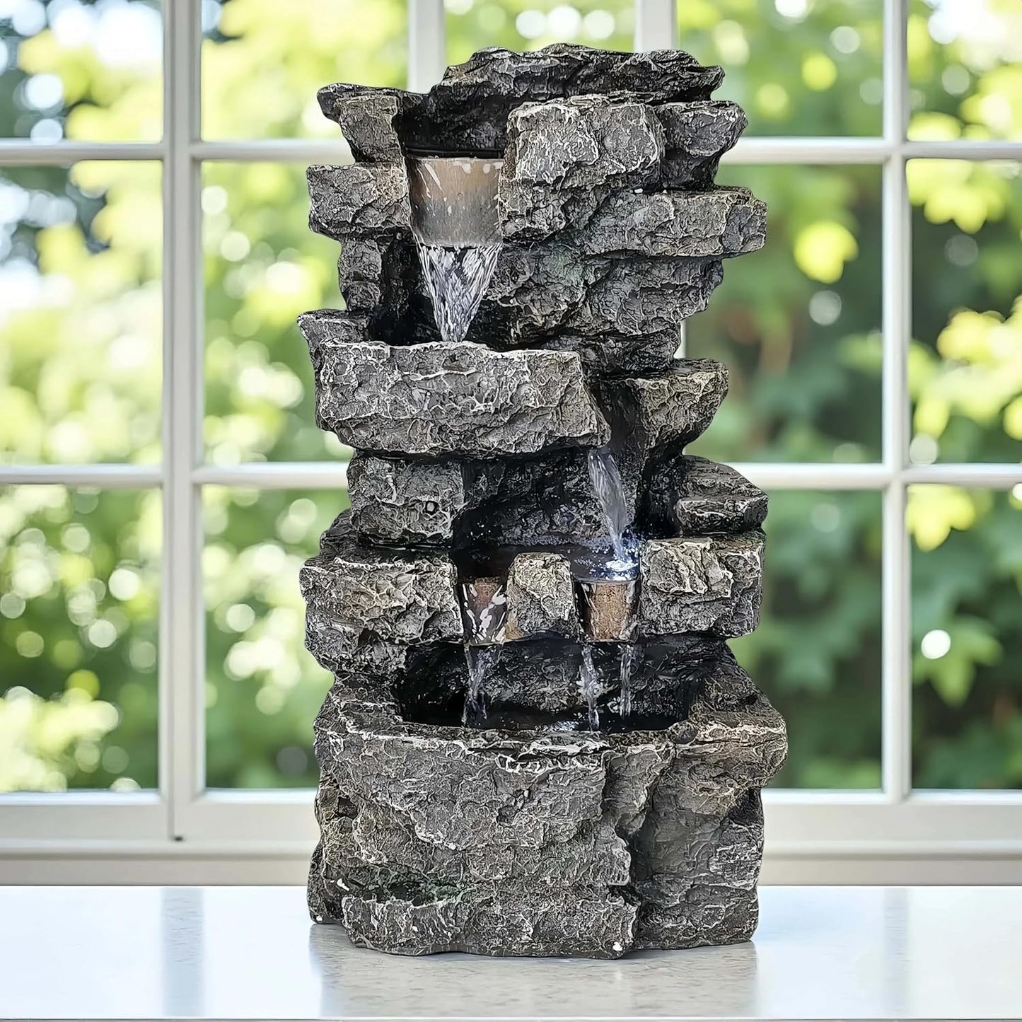Tabletop Rock Waterfall Fountain with Led Lights - Indoor Decorative Desk Water Fountain, Multi-Tier Design, Quiet and Soothing, 6.29" l x 4.33" w x 11.02" h-VerdiqueGarden