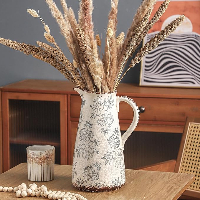 Enra Blue and White vase with Handle,12.2 inch Ceramic Vintage Decorative Flower Pitcher vase, Chinoiserie Floral Vase,Large Rustic Vases for Home Decors, Living Room, Bookshelf, Office-VerdiqueGarden