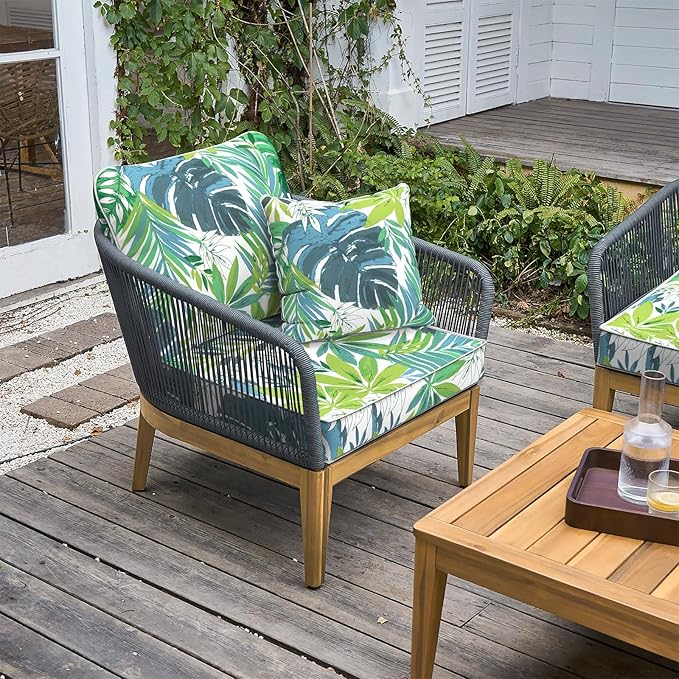 LVTXIII Outdoor Deep Seat Cushion Patio Seat and Back Cushion Set Seasonal Chair Cushion with Removable Cover and Adjustable Buckle for Home and Garden, 24"x24"x4", Islamorada Blue Green-VerdiqueGarden