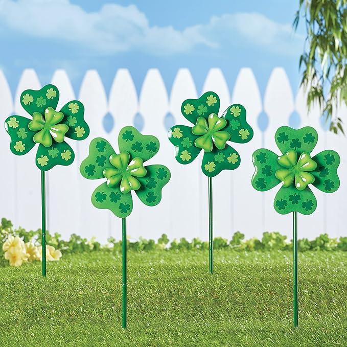 Collections Etc Set of 4 Shamrock Spinner Outdoor Garden Stakes-VerdiqueGarden