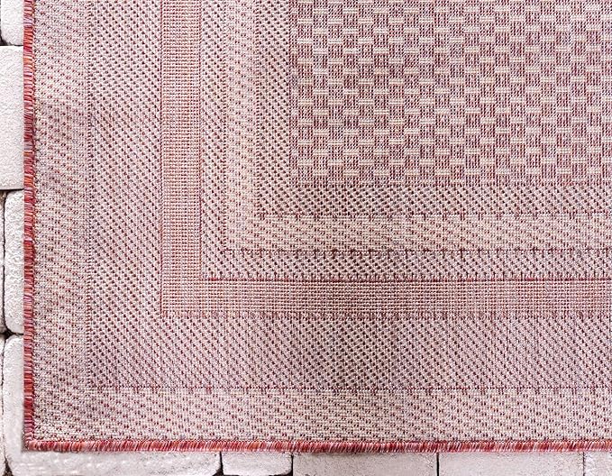 Unique Loom Outdoor Border Collection Area Rug - Soft Border (9'x 12' Rectangle, Rust Red/ Ivory)-VerdiqueGarden
