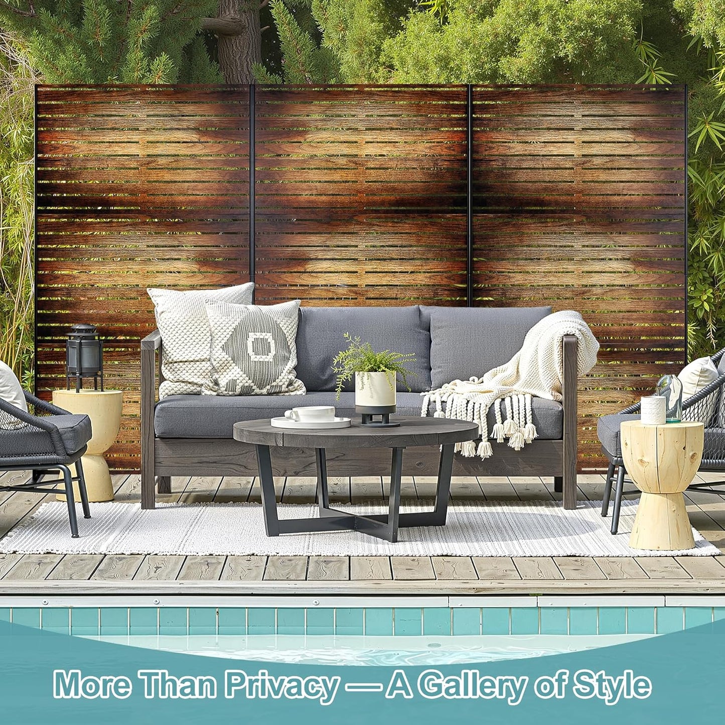 Metal Privacy Screen Outdoor Freestanding Privacy Wall Panels and Decorative Patio Dividers,Crafted from Steel with Sun-Proof Design,Ideal for Patio,Garden,72" H×47" L(Wooden&Vintage-3 Panels-VerdiqueGarden