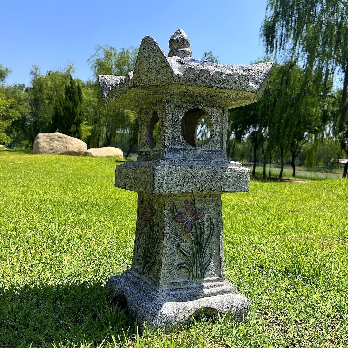 23.6’’High Asian Orchid Pagoda Statue Solar-Powered LED Light Miniature Tower Lantern Garden Decoration Figurines Solar Lamp Outdoor Japanese Decoration Zen Courtyard Landscape-VerdiqueGarden